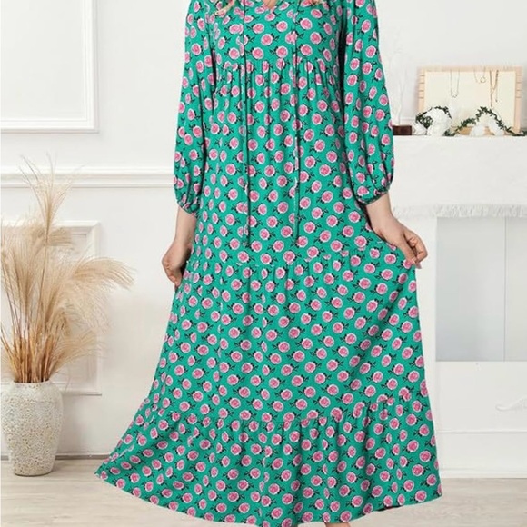 Dokotoo Women Boho Maxi Dress, V Neck, Long Puff Sleeve, Smocked Ruffle Flow - Picture 2 of 7